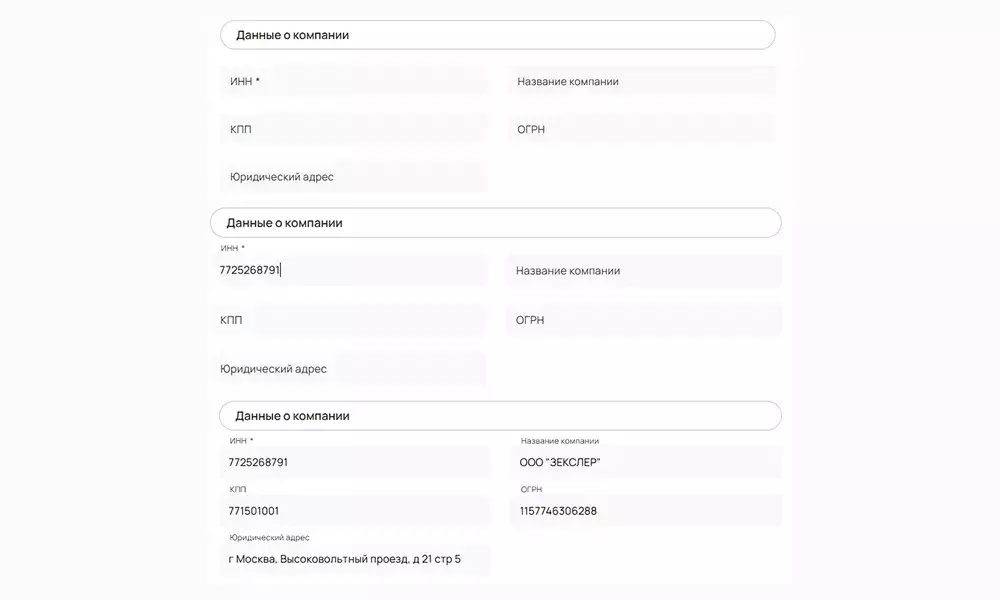 Форма заполнения данных о компании